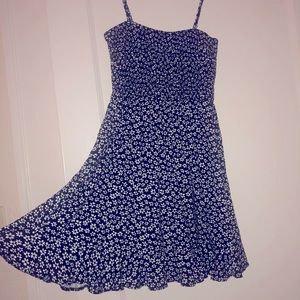 Black and White Floral Print Sun Dress Empire Waist Ruched A-Line Skirt